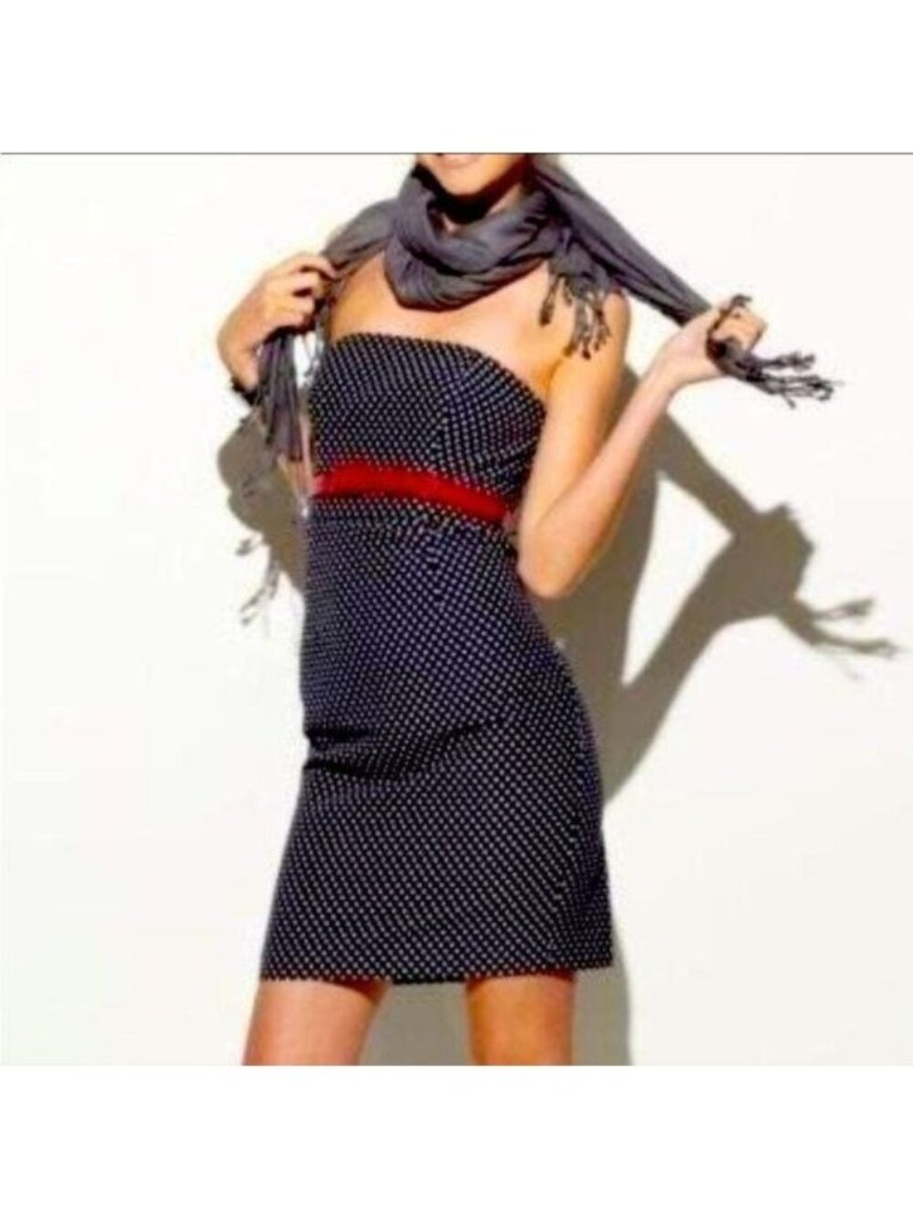 Suzy Chin for Maggy Boutique Navy Polka Dot Strapless Dress | Size 12